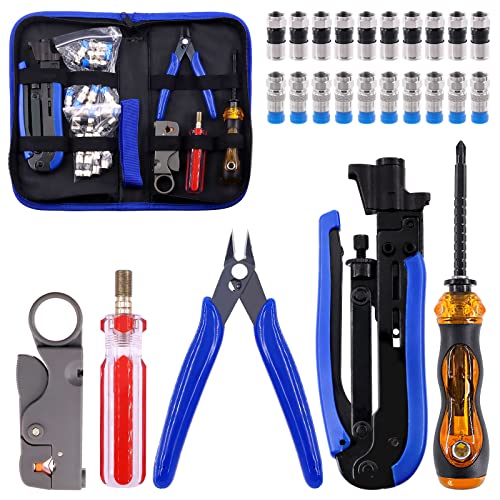 Tanstic 25Pcs Coax Cable Crimper Tool Kit Including Coax Crimping Pliers and Coax Wire Stripper Wire Cable Cutters F Compression Connectors and Screwdriver for Cable TV Video Audio