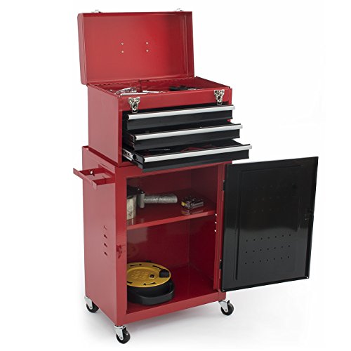 ARKSEN 2pc Mini Tool Chest Cabinet Storage Box Red Rolling Garage Toolbox Organizer