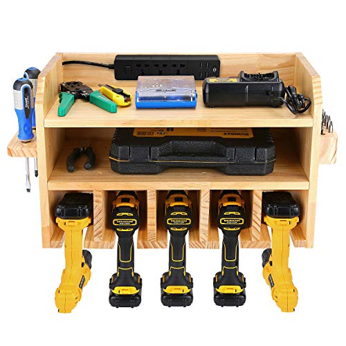 Power Tool Storage Power Tools Organizer Cordless Drill Charging Station Wall Mount Five Drill Holder with Screwdriver Rack and Drill Bit Rack Garage Storage Tool Organizer
