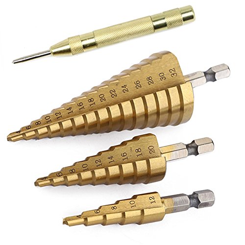 3Pcs HSS Titanium Coated Step Drill Bit Set with Automatic Center Punch 14 Hex Shank Drive Quick Change Metric High Speed Steel Cone Drill Bit for Steet Metal Wood Plastic Hole Cutting