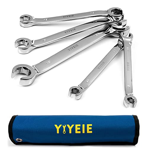 YIYEIE Flare Nut Wrench Set 5piece Metric 9 10 11 12 13 14 15 17 19 21 mm Chrome Vanadium Steel with Mirror Polish Finish 15° Offset End Line Wrench Set with Carrying Pouch