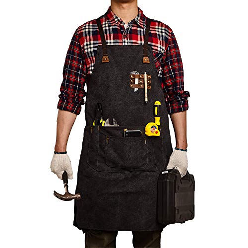 O bester Durable Canvas Aprons with Tool Pockets Resistant Heavy Duty Work Aprons for Women Men Retro Adjustable Work Aprons for carpenters machinists Tattoo Barista Bartender Baker (Black)